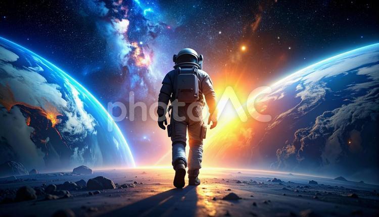 惑星を歩く宇宙飛行士 宇宙飛行士,宇宙服,歩行の写真素材
