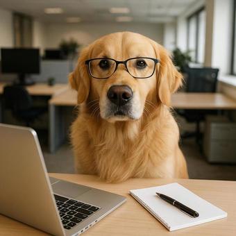 オフィスで働く眼鏡をかけた犬 オフィスで働く眼鏡をかけた犬の写真
