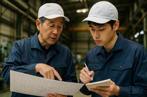工場で図面を指導するベテラン作業員・研修 工場で図面を指導するベテラン作業員・研修の写真