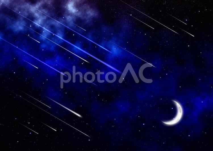 三日月と流れ星と星雲 三日月,流れ星,流星の写真素材