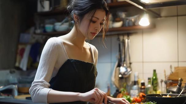 台所で調理をする女性 台所で調理をする女性の写真
