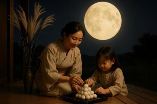 お月見団子を並べる母と子 お月見団子を並べる母と子の写真