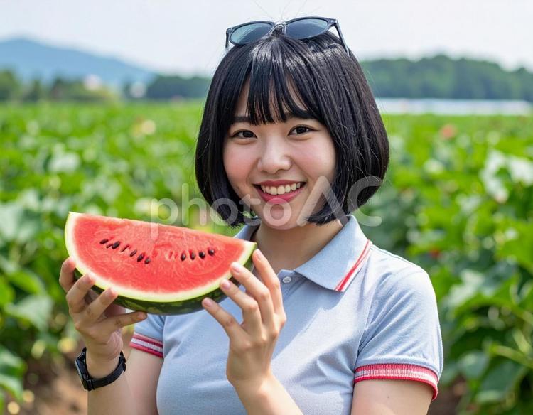 スイカ畑に来ました 人物,女性,スイカの写真素材
