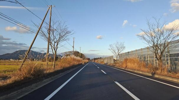 見通しの良い直線と紅葉と青空 見通しの良い直線,ストレート,直線の写真素材