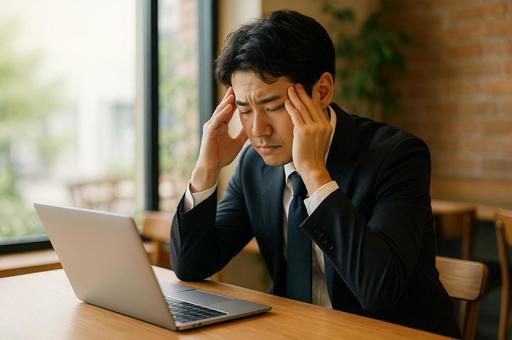 頭を抱える若手ビジネスマン 頭を抱える若手ビジネスマンの写真