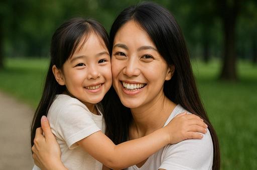 笑顔の母と娘・親子の絆・家族のハグ・愛情 笑顔の母と娘・親子の絆・家族のハグ・愛情の写真
