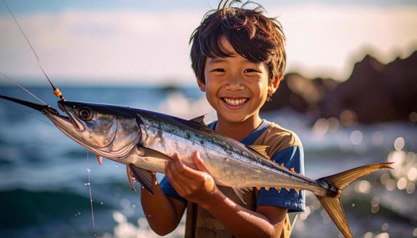 太刀魚釣りで笑顔の日本人の男の子 太刀魚釣りで笑顔の日本人の男の子の写真