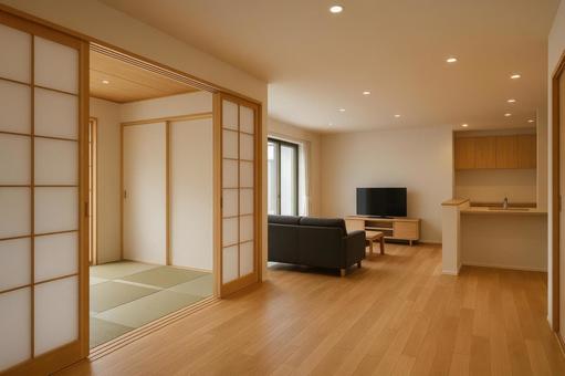 和室とリビングがつながるモダンな室内 和室とリビングがつながるモダンな室内の写真