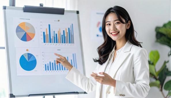グラフの前に立つ日本人女性会社員 グラフの前に立つ日本人女性会社員の写真