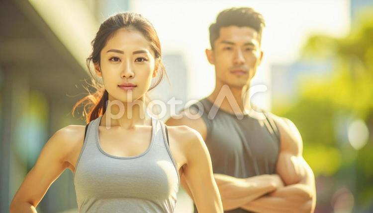 鍛え上げられた体でポーズをとる男女 男性,裸,マッチョの写真素材