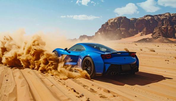 砂漠を疾走するスポーツカー 砂漠を疾走するスポーツカーの写真
