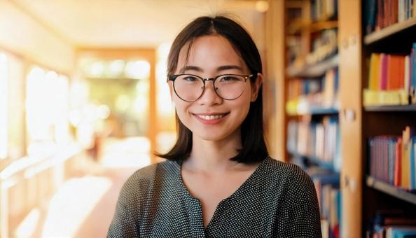 Image of a librarian in a library, this, female, 1 person, JPG