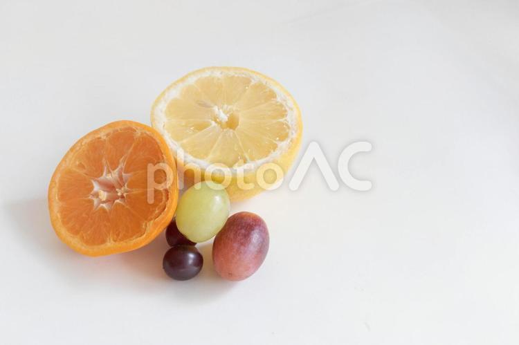 白背景のくだもの オレンジ,レモン,ブドウの写真素材