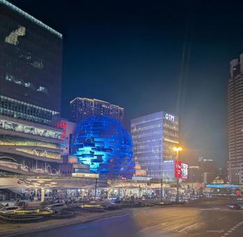 Photo, skyscraper, building group, night view, 