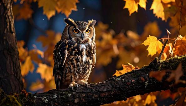 紅葉とフクロウ 紅葉とフクロウの写真