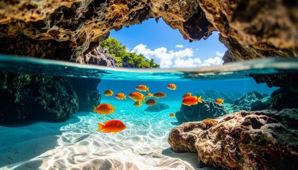 海中から見た岩場に泳ぐ熱帯魚 海中から見た岩場に泳ぐ熱帯魚の写真