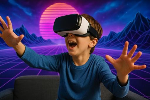 VRゲームを楽しむ興奮した男の子 VRゲームを楽しむ興奮した男の子の写真