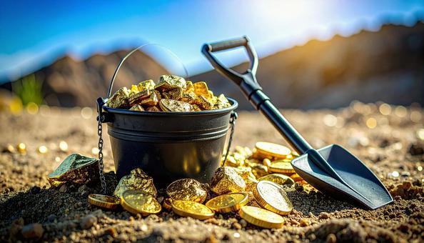 金を掘るイメージ 金塊と金属探知機 金を掘るイメージ 金塊と金属探知機の写真