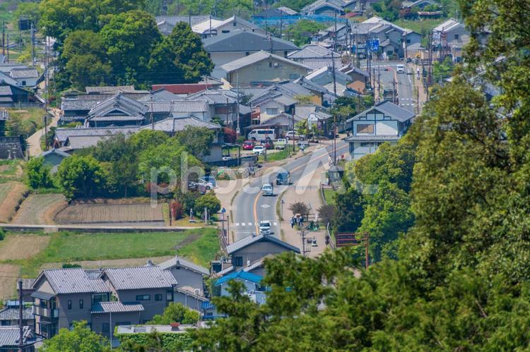 新緑の田舎道沿いの家々 町並み,民家,瓦屋根の写真素材