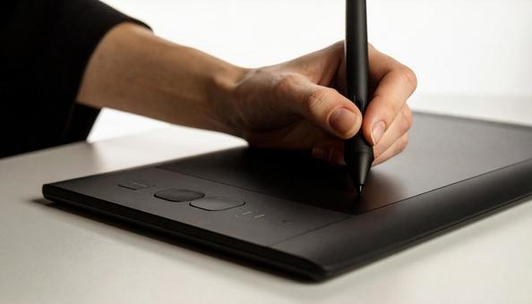 ペンタブレットで絵を描く女性の手もと ペンタブレットで絵を描く女性の手もとの写真