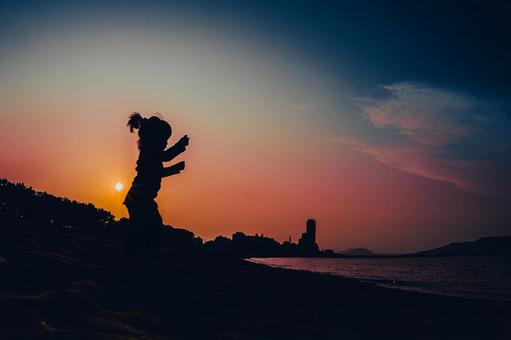 Film-style sunset at the sea and children, JPG