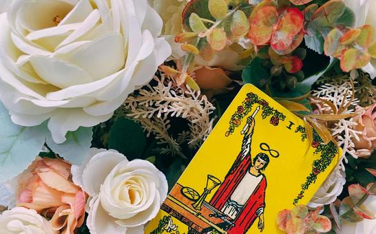 タロットカードマジシャンと華麗な花 タロットカード,お洒落,幻想的の写真素材