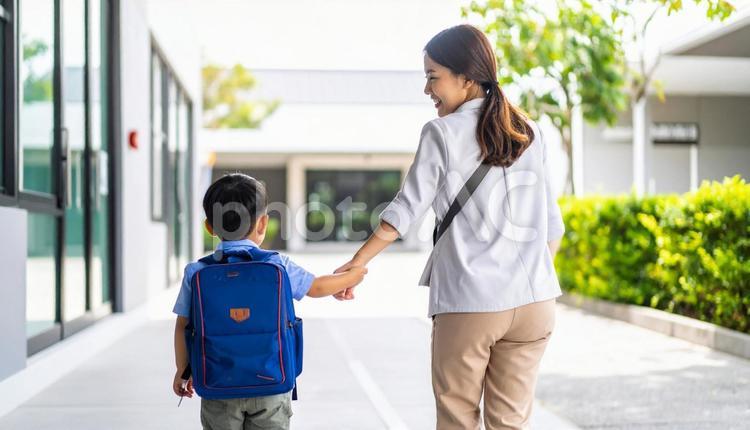 子供の送り迎えをする母親 幼稚園,出勤,手つなぎの写真素材