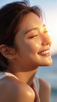 夏の海辺で輝く幸せそうな表情の美しい女性 夏の海辺で輝く幸せそうな表情の美しい女性の写真