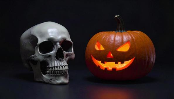 ハロウィンのかぼちゃと髑髏の写真