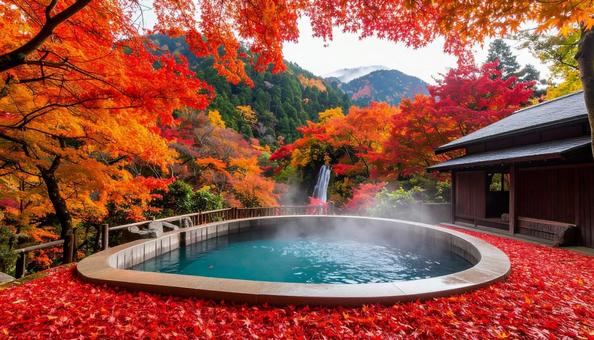 紅葉と露天風呂 紅葉と露天風呂の写真