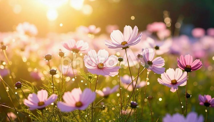 夕日に輝く秋桜の花畑 コスモス,花畑,秋の花の写真素材