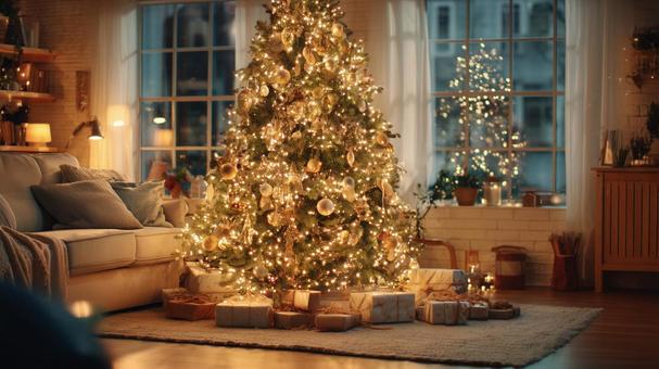 光に包まれたクリスマスツリーとプレゼントの写真