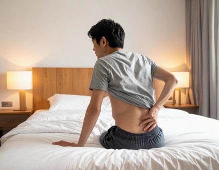ベットの上で腰を抑えて苦しむ30代の男性 ベットの上で腰を抑えて苦しむ30代の男性の写真