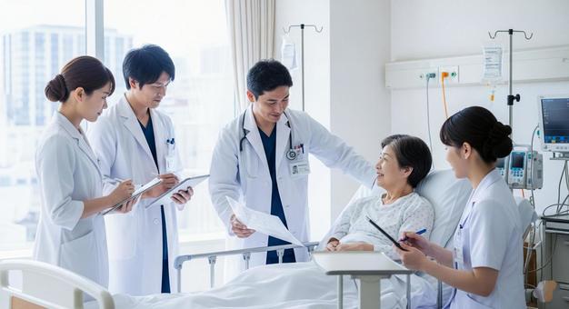 医師と看護師:病室で女性患者を診察 医師と看護師:病室で女性患者を診察の写真