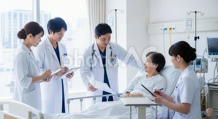 医師と看護師：病室で女性患者を診察 医師,看護師,患者の写真素材