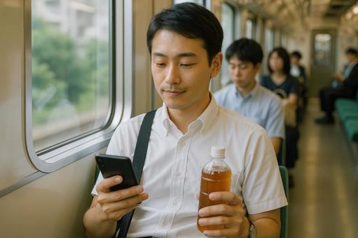冷房の効いた電車で通勤する男性 冷房の効いた電車で通勤する男性の写真