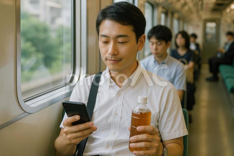 冷房の効いた電車で通勤する男性 男性,日本,夏の写真素材