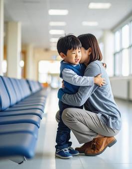 母親にしがみつく幼い男の子 母親にしがみつく幼い男の子の写真