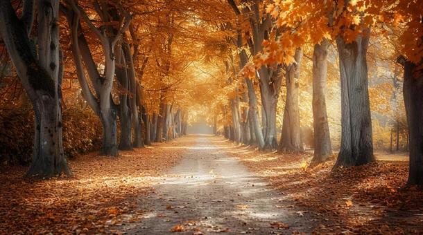 紅葉と木漏れ日の秋散歩道 紅葉と木漏れ日の秋散歩道の写真