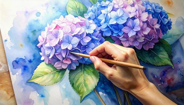 アジサイの絵を描く人の手もと アジサイの絵を描く人の手もとの写真