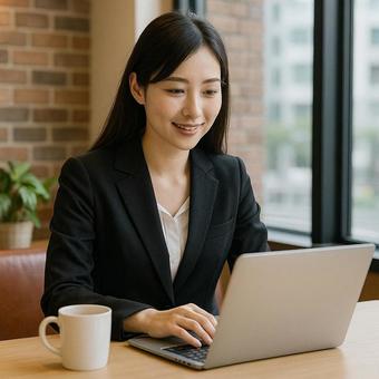 カフェでノートPCを使って働く女性 カフェでノートPCを使って働く女性の写真