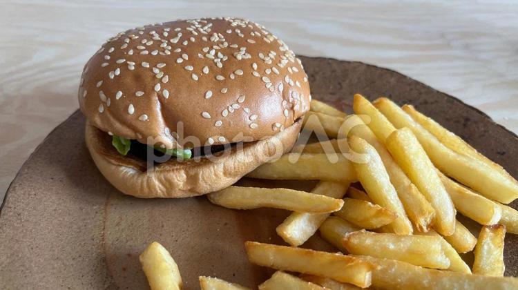 ハンバーガーとポテト（左にバーガー） ハンバーガー,バーガー,セットの写真素材