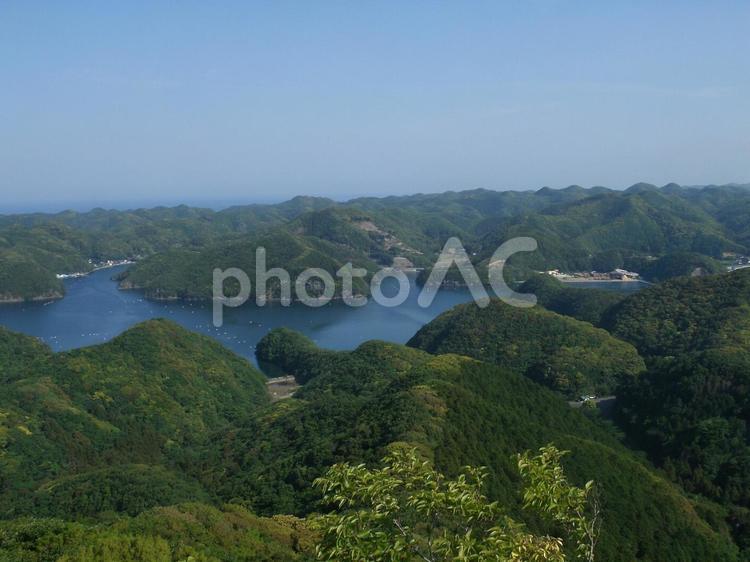 晴天の烏帽子岳展望台より浅茅湾風景、対馬 烏帽子岳,展望台,対馬の写真素材