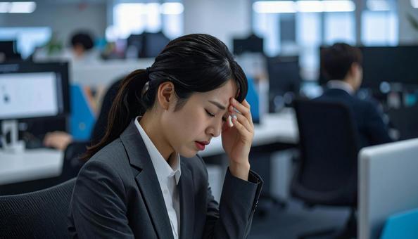 疲労困憊で頭痛と戦う女性の会社員 疲労困憊で頭痛と戦う女性の会社員の写真