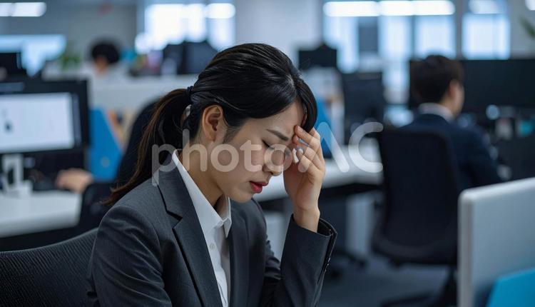 疲労困憊で頭痛と戦う女性の会社員 疲労,体力,頭痛の写真素材