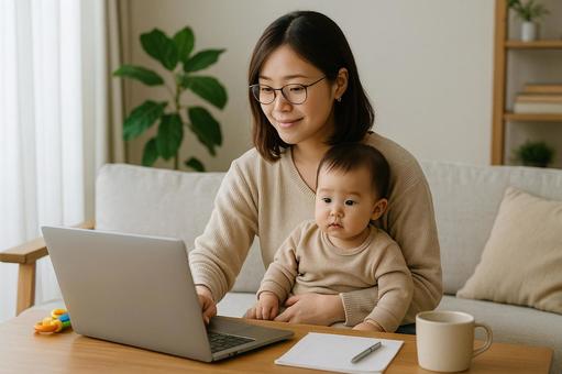 子ども抱えて作業する女性 子ども抱えて作業する女性の写真