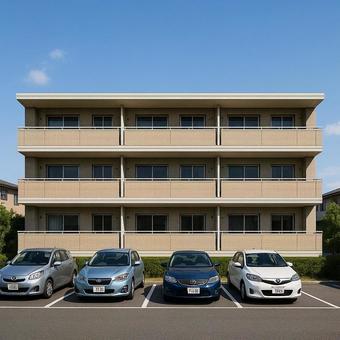 低層マンションと駐車場外観 低層マンションと駐車場外観の写真
