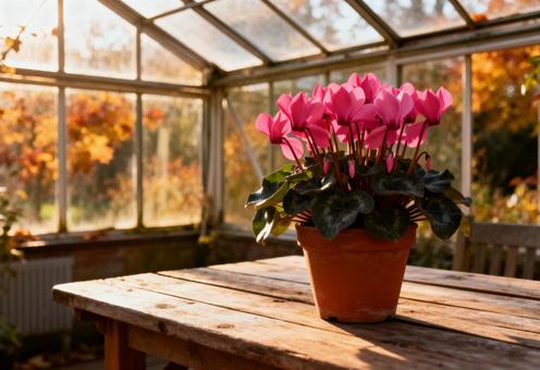 温室のテーブルに置かれたピンクの鉢植え 温室のテーブルに置かれたピンクの鉢植えの写真