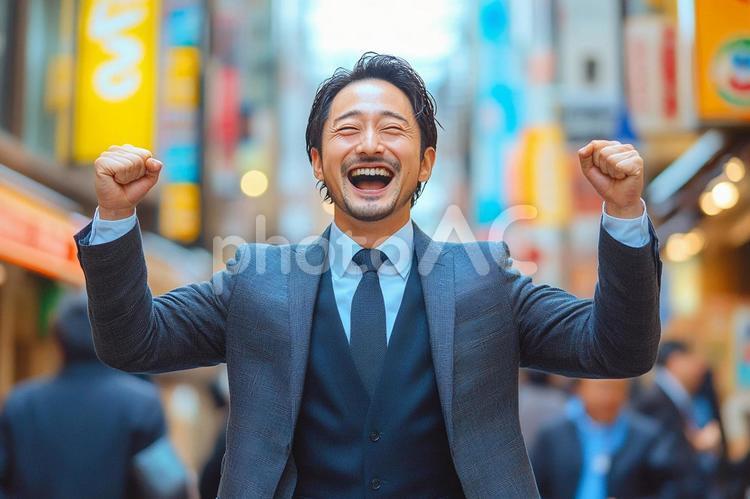 笑顔でガッツポーズの男性 男性,笑顔,スーツの写真素材