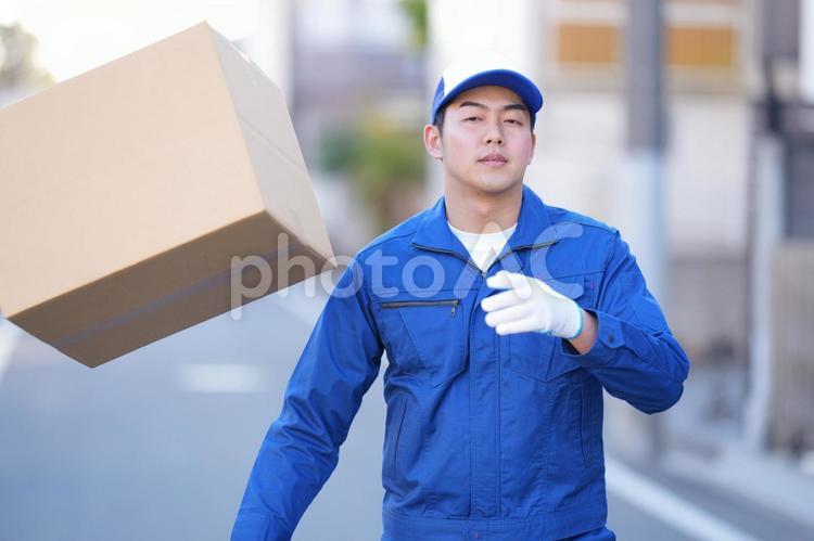 屋外で段ボール箱を放り出す引っ越し作業員 引っ越し,男性,日本人の写真素材